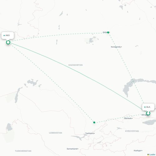 Mapa de vuelo directo Almatý - Aktobe