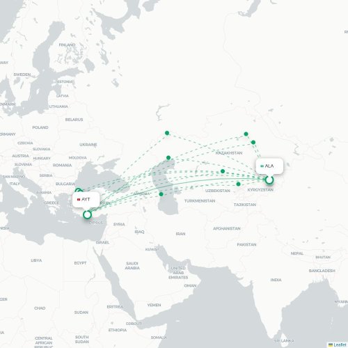 Mapa de vuelo directo Almatý - Antalya