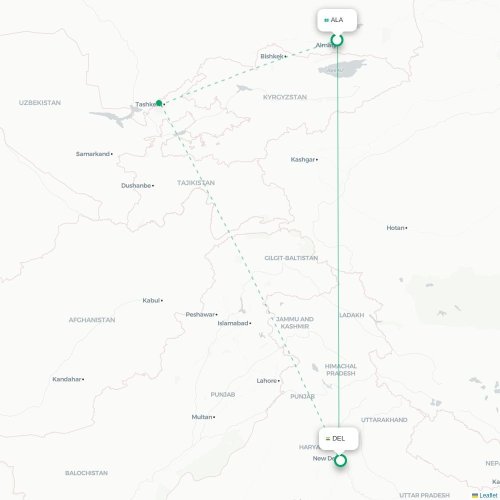 Mapa lotu bezpośredniego Ałmaty – Nowe Deli