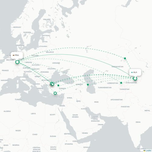 Mapa de vuelo directo Almatý - Fráncfort