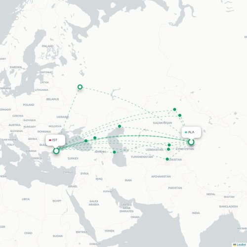 Mapa de vuelo directo Almatý - Estambul