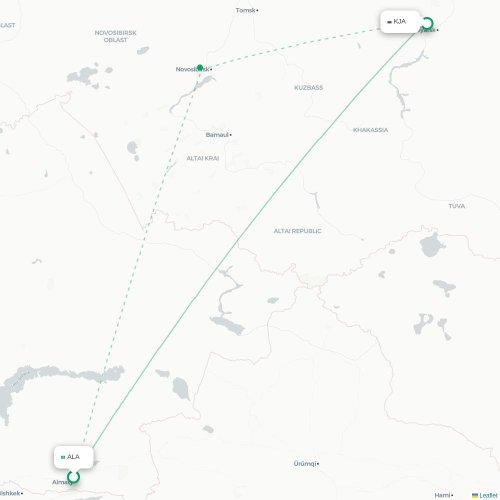 Mapa de vuelo directo Almatý - Krasnoyarsk