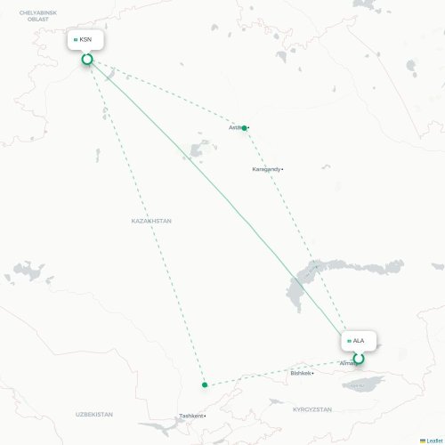 Mapa de vuelo directo Almatý - Kostanái