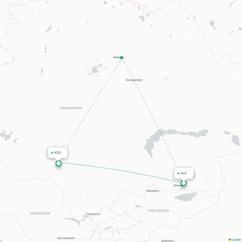 Mapa de vuelo directo Almatý - Kzyl-Orda