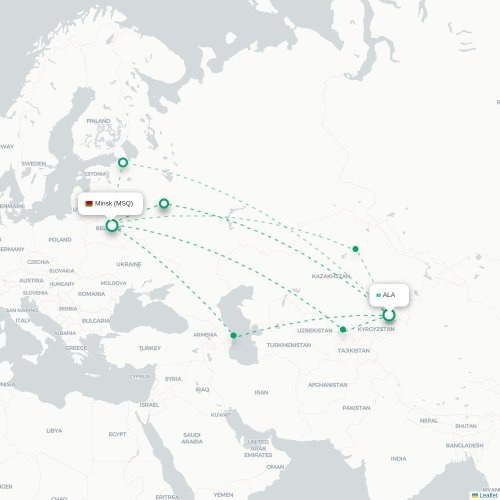 Mapa de vuelo directo Almatý - Minsk