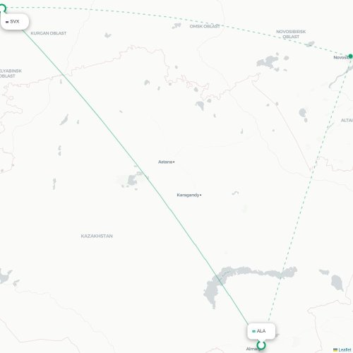 Mapa de vuelo directo Almatý - Ekaterinburgo