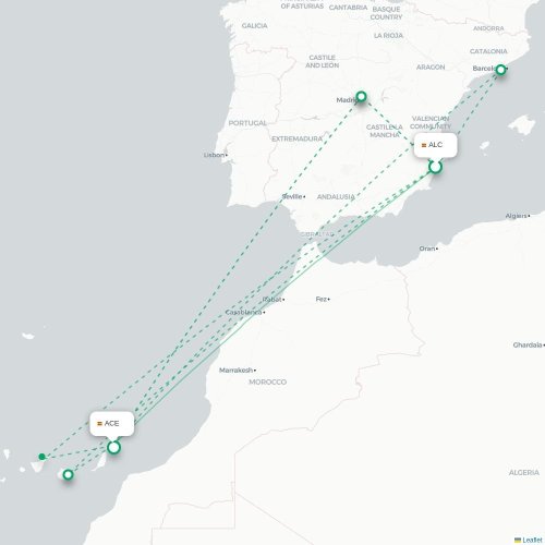 Mapa de vuelo directo Alicante - Arrecife