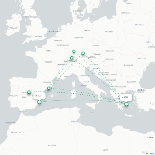 Mapa de vuelo directo Alicante - Atenas