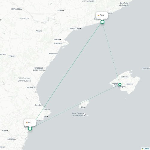 Mapa de vuelo directo Alicante - Barcelona