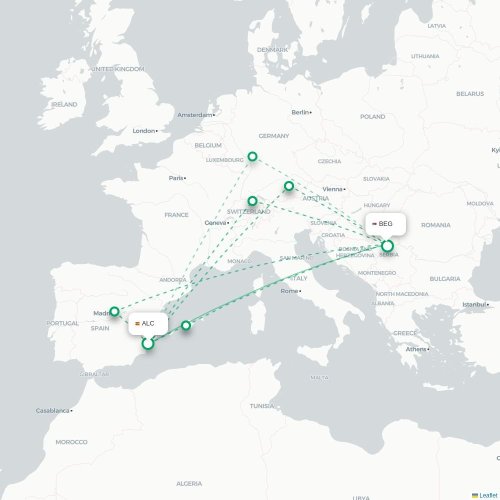 Mapa de vuelo directo Alicante - Belgrado