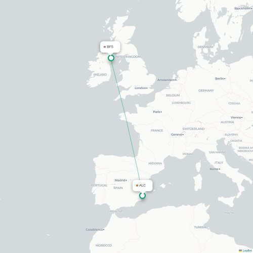 Mapa de vuelo directo Alicante - Belfast