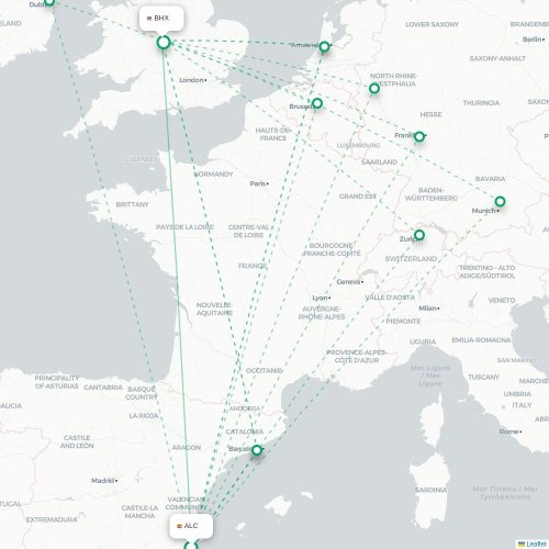 Mapa de vuelo directo Alicante - Birmingham