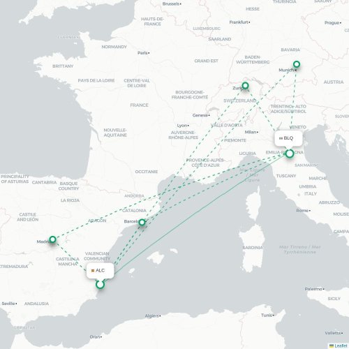 Mapa de vuelo directo Alicante - Bolonia