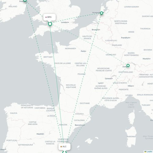 Mapa de vuelo directo Alicante - Brístol