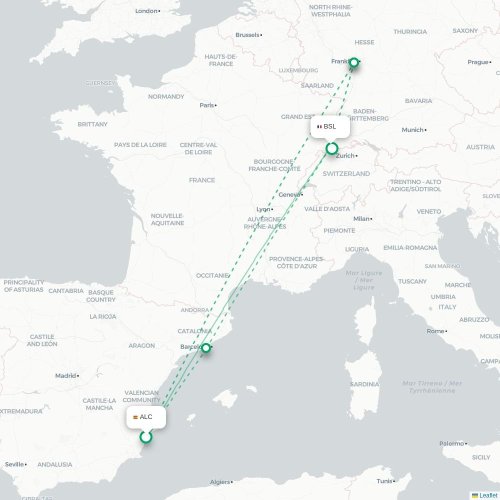 Mapa de vuelo directo Alicante - Basilea, Suiza