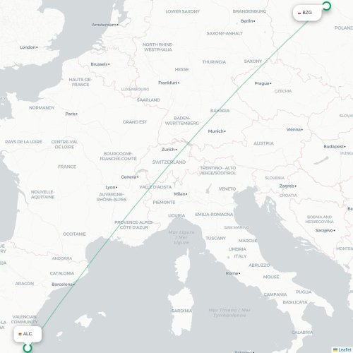 Mapa de vuelo directo Alicante - Bydgoszcz