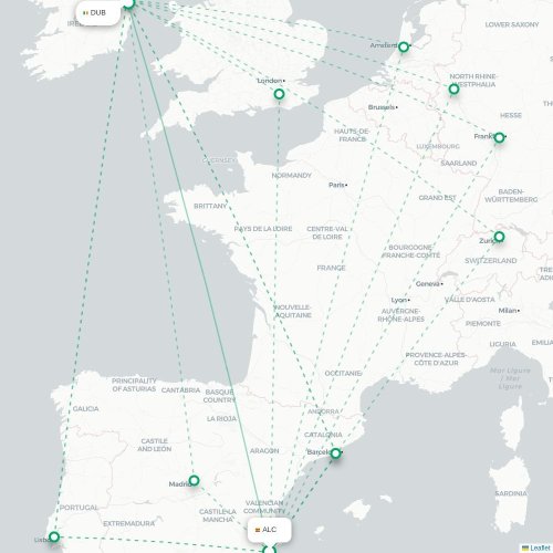 Mapa lotu bezpośredniego Alicante – Dublin