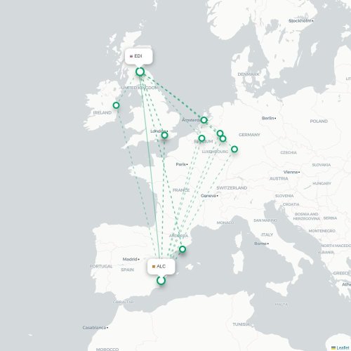 Mapa de vuelo directo Alicante - Edimburgo