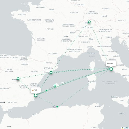 Mapa de vuelo directo Alicante - Roma