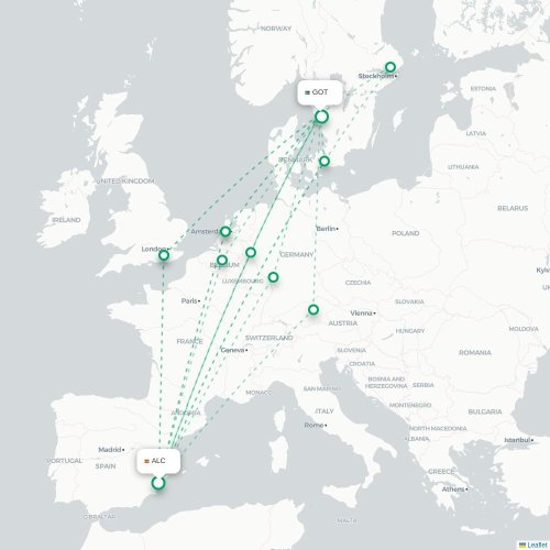 Alicante - Göteborg karta över direktflyg