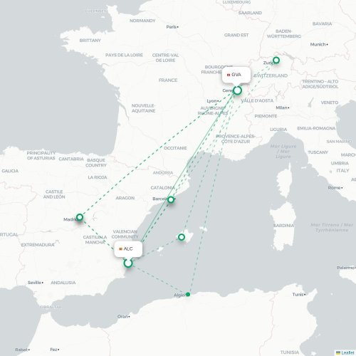 Mapa de vuelo directo Alicante - Ginebra