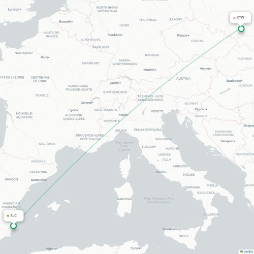 Mapa lotu bezpośredniego Alicante – Katowice