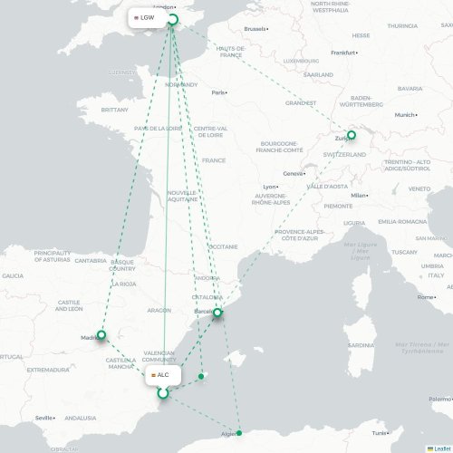 Mapa de vuelo directo Alicante - Londres