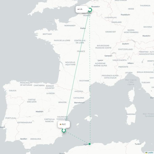 Mapa de vuelo directo Alicante - Lille