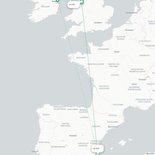 Mapa de vuelo directo Alicante - Liverpool