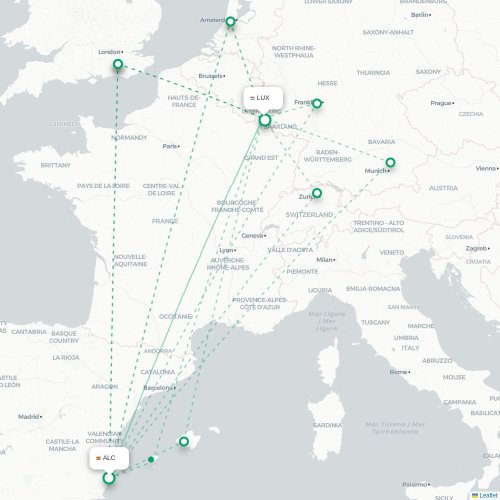 Mapa de vuelo directo Alicante - Luxemburgo