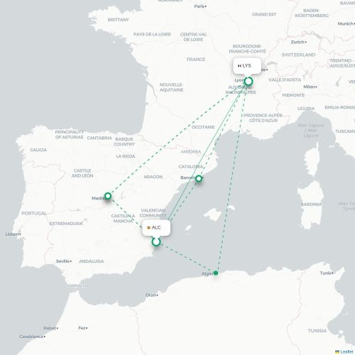 Mapa de vuelo directo Alicante - Lyon