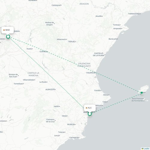 Mapa de vuelo directo Alicante - Madrid