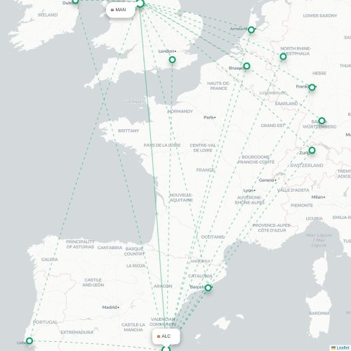 Mapa de vuelo directo Alicante - Mánchester