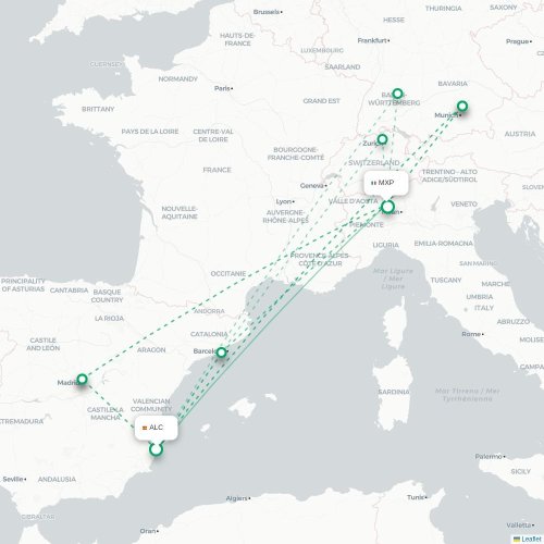 Mapa de vuelo directo Alicante - Milán