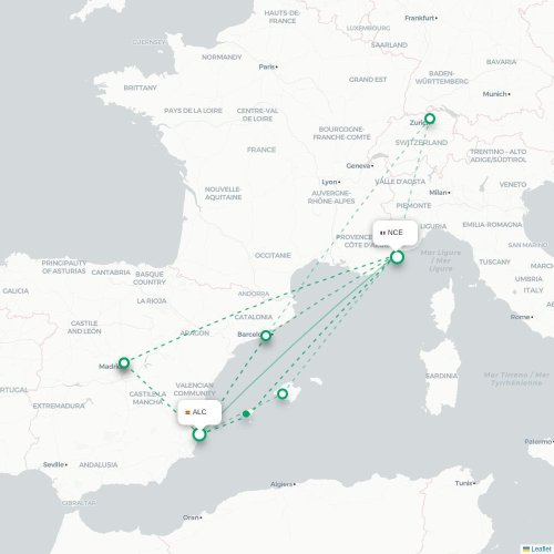 Mapa de vuelo directo Alicante - Niza
