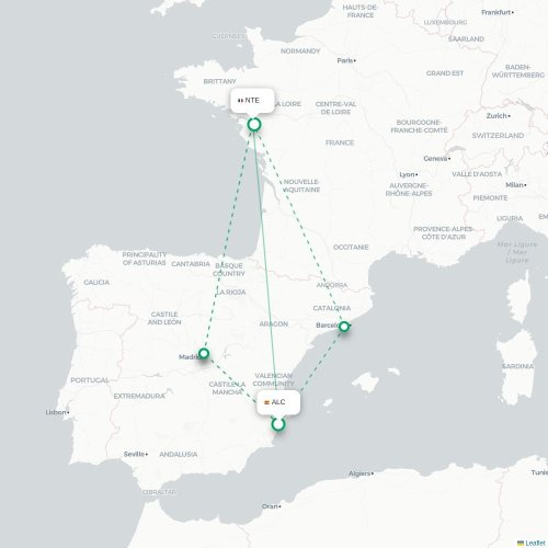 Mapa de vuelo directo Alicante - Nantes