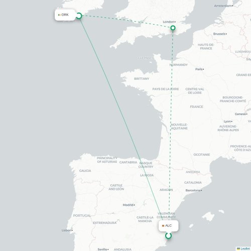 Mapa lotu bezpośredniego Alicante – Cork