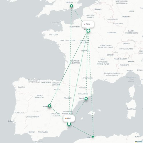 Mapa de vuelo directo Alicante - París
