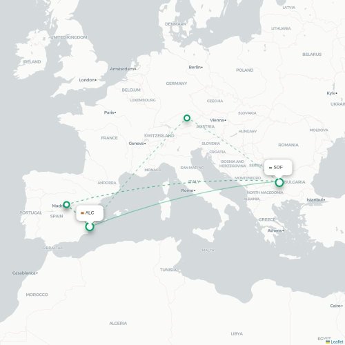Mapa de vuelo directo Alicante - Sofía