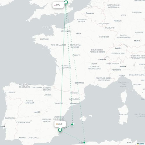 Mapa de vuelo directo Alicante - Londres