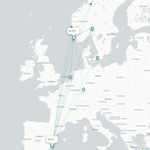 Mapa de vuelo directo Alicante - Stavanger