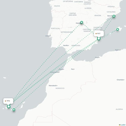 Mapa de vuelo directo Alicante - Santa Cruz de Tenerife