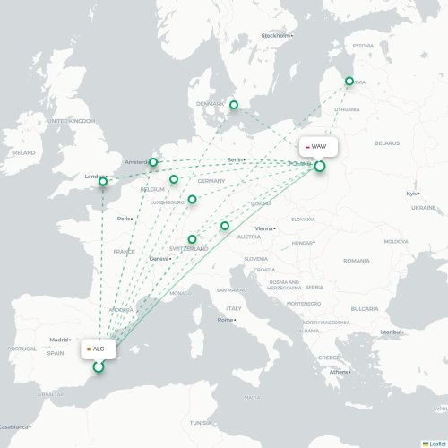Mapa lotu bezpośredniego Alicante – Warszawa
