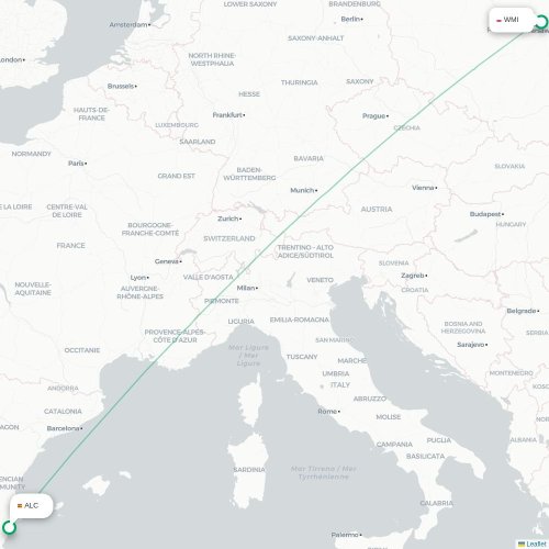 Mapa lotu bezpośredniego Alicante – Warszawa