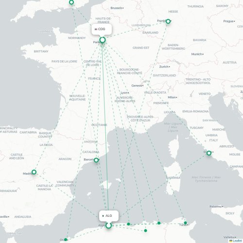 Mapa de vuelo directo Argel - París