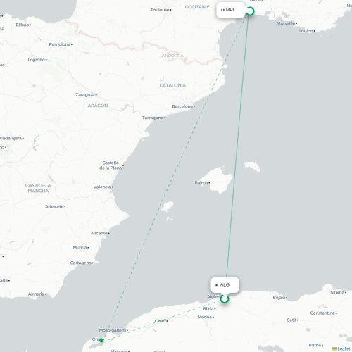 Mapa lotu bezpośredniego Algier – Montpellier