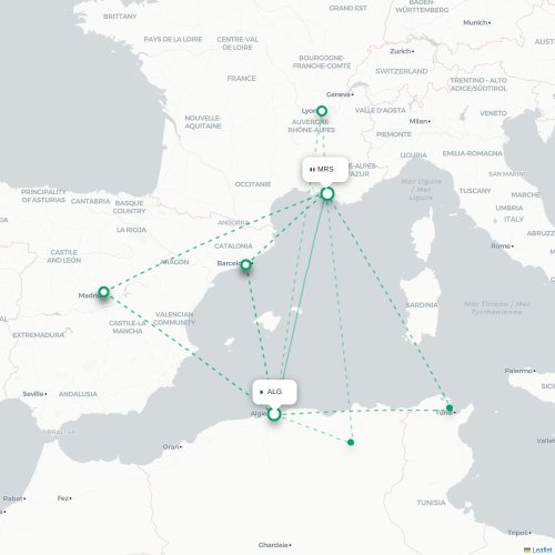 Mapa de vuelo directo Argel - Marsella