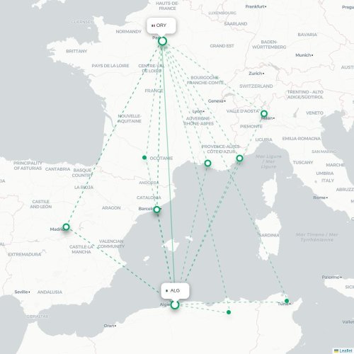 Mapa de vuelo directo Argel - París