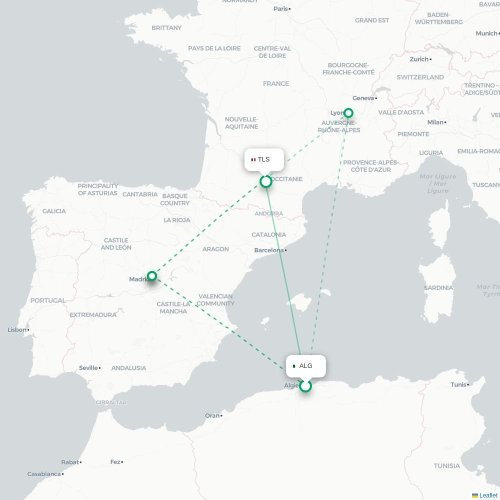 Mapa de vuelo directo Argel - Toulouse