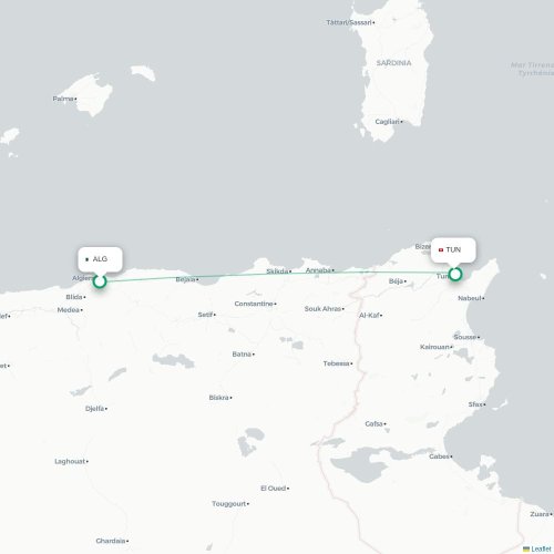 Mapa lotu bezpośredniego Algier – Tunis